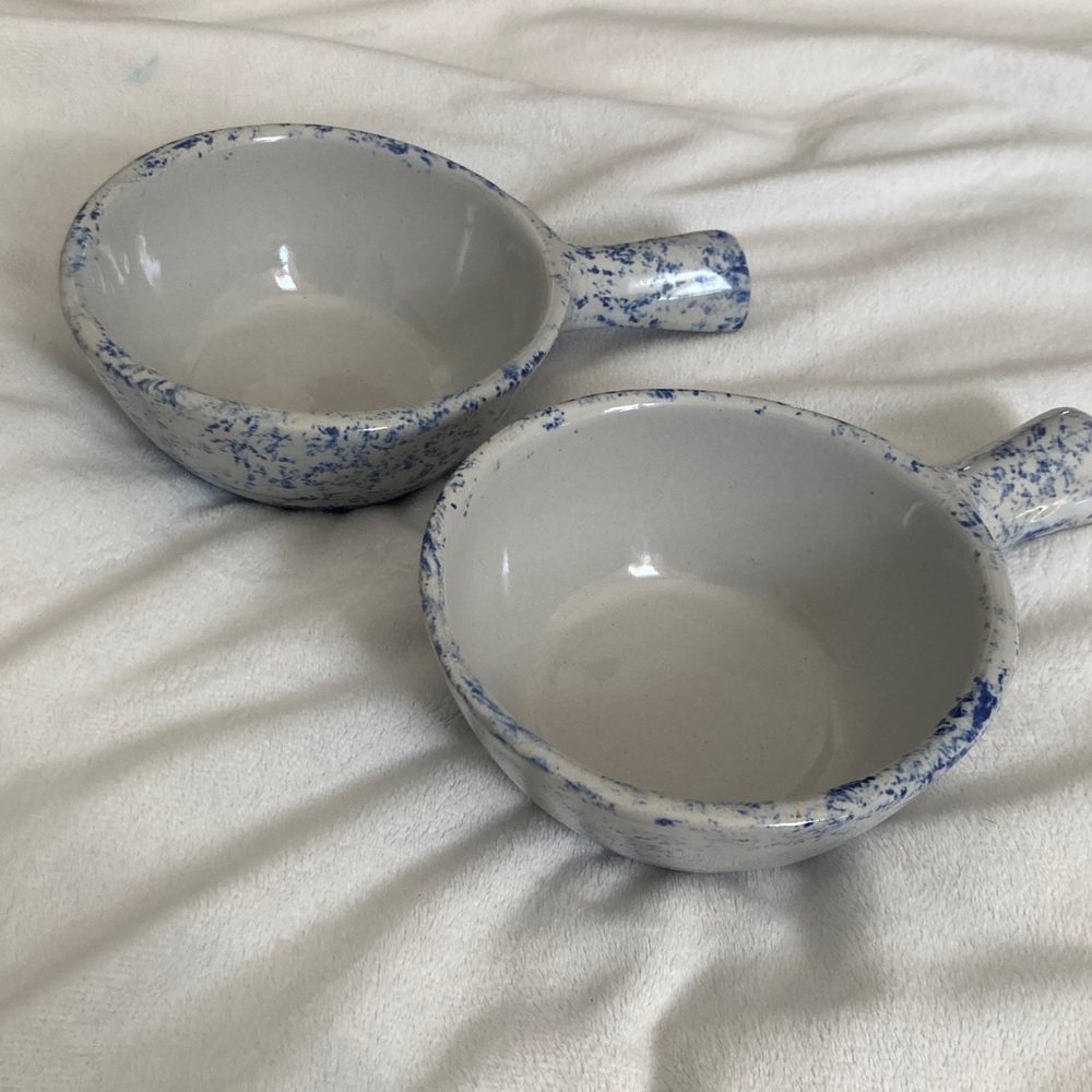Monmouth pottery vintage speckled blue soup bowls, set of 2